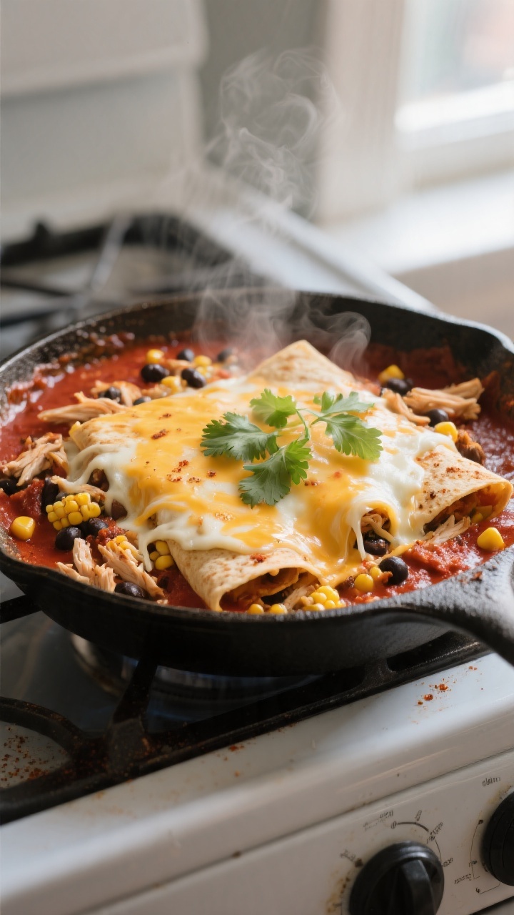 Cooking process — Close-up of the enchilada skillet at the “cheese and finish” stage: molten p