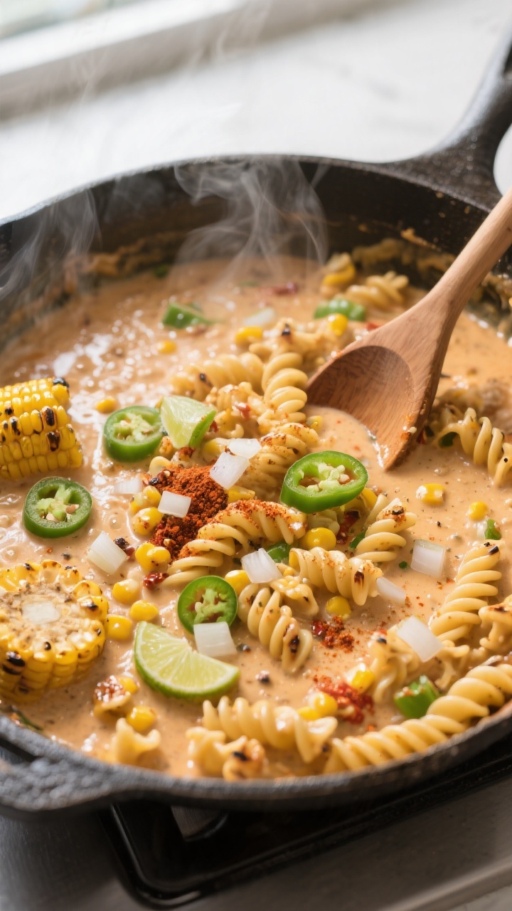 Cooking process, close-up: One-pot Mexican street corn pasta mid-cook in a deep skillet, overhead an
