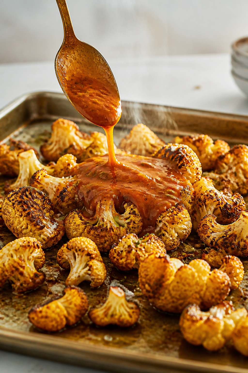Cooking process close-up: Roasted cauliflower florets just out of the oven on a lightly oiled sheet 