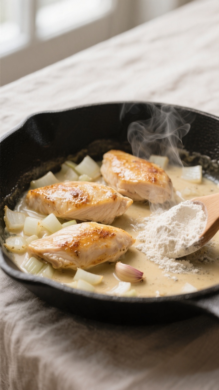 Cooking process close-up: Sautéed chicken breast pieces just turning golden in a large skillet with