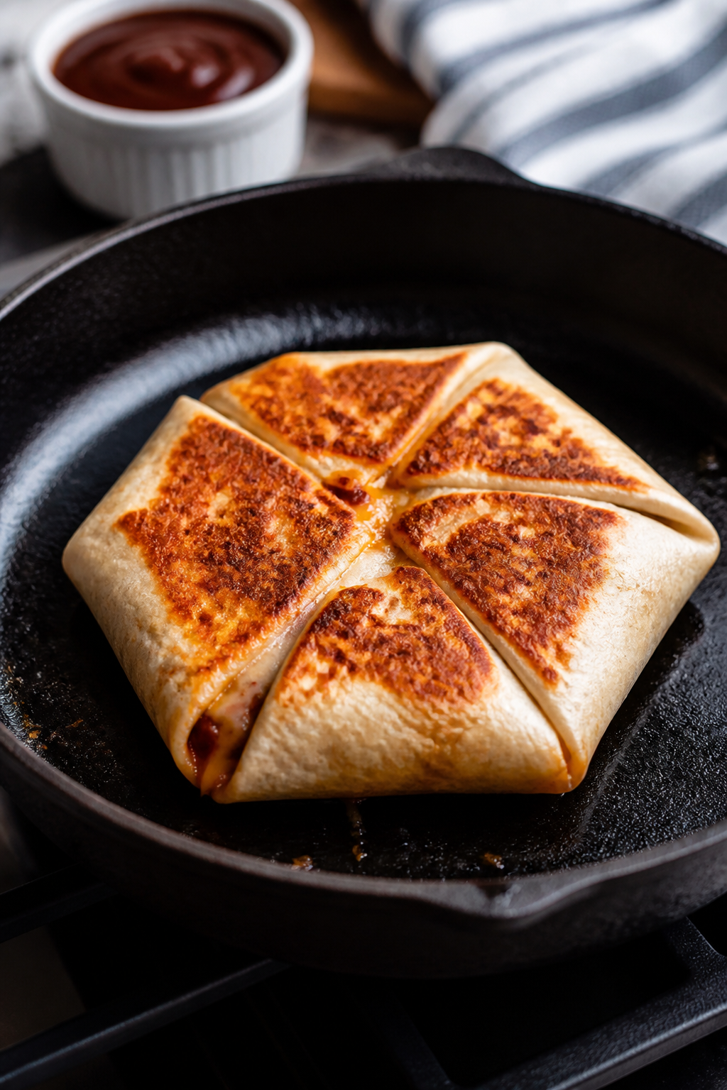 Cooking process close-up: Seam-side-down BBQ Chicken Crunchwrap sizzling in a cast-iron skillet over