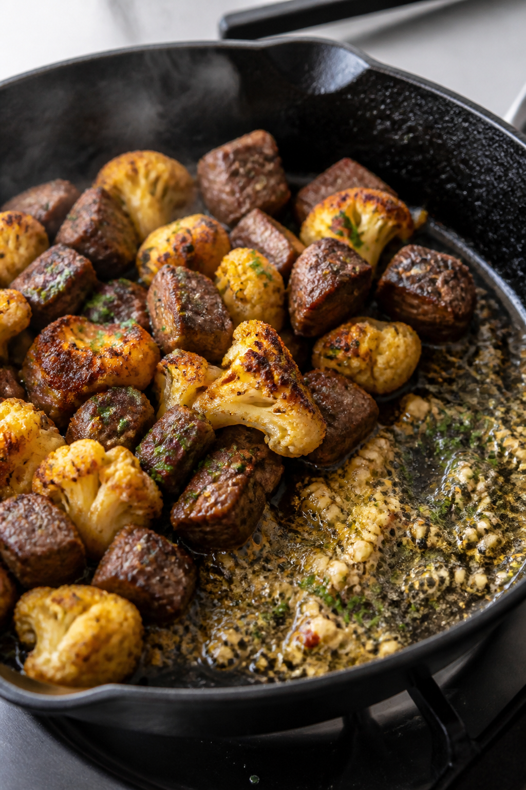 Cooking process close-up: Seared steak cubes and golden cauliflower florets sizzling together in a b