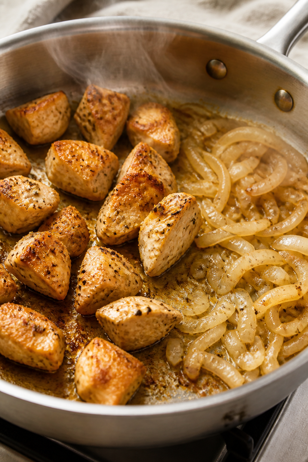 Cooking process, close-up: Searing bite-size chicken pieces in a stainless skillet until lightly bro