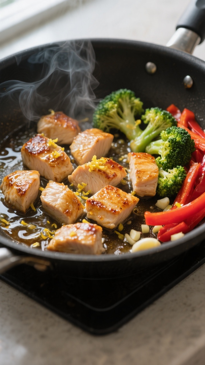 Cooking process close-up: Searing bite-size chicken breast pieces in a large skillet, golden-brown e