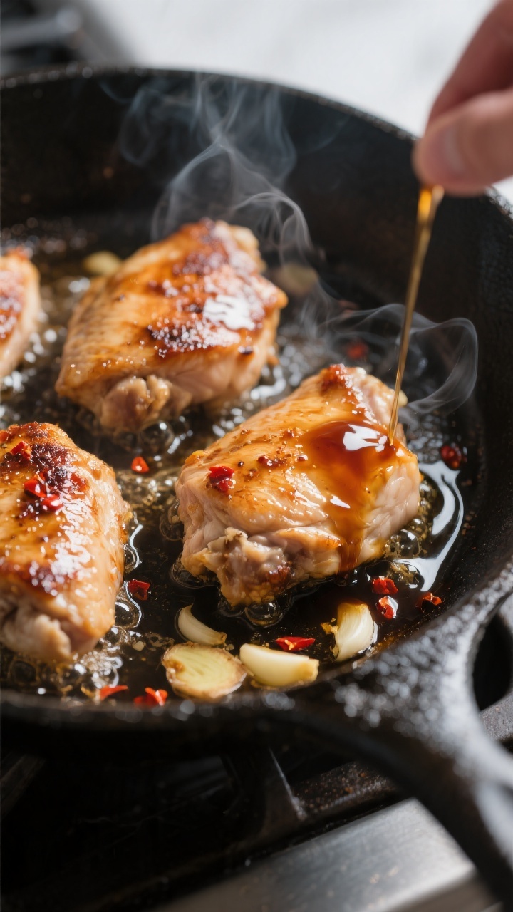 Cooking process, close-up: Searing boneless, skinless chicken thighs in a hot skillet, edges caramel