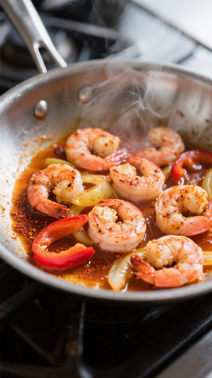 Cooking process close-up: Searing Cajun-seasoned shrimp in a wide stainless-steel skillet, shrimp ju