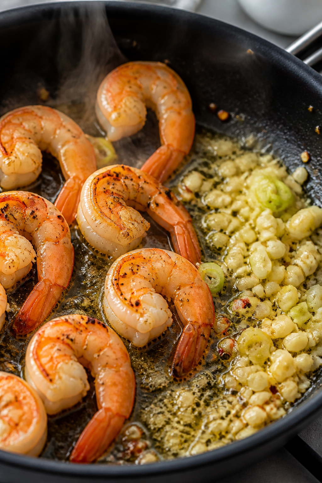 Cooking process, close-up: Searing large, seasoned shrimp in a butter-and-olive-oil slicked skillet,