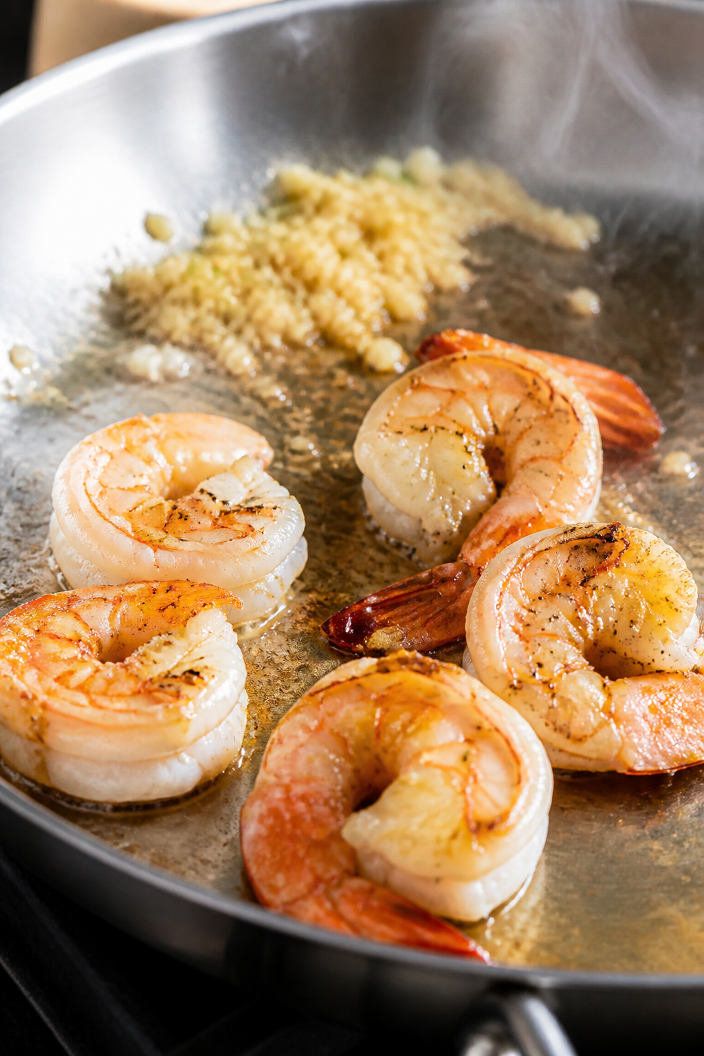 Cooking process close-up: Searing large shrimp in a wide stainless skillet, shrimp just turning pink