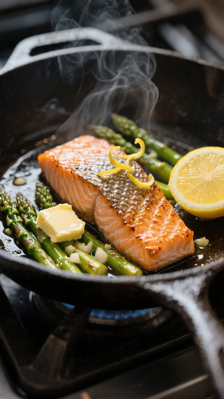 Cooking process close-up: Searing salmon skin-side down in a hot cast-iron skillet with shimmering o