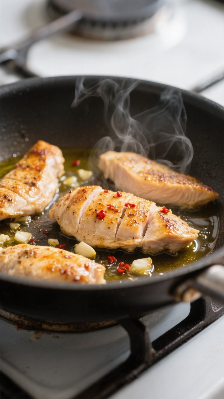 Cooking process close-up: Searing seasoned chicken breast strips in a large stainless skillet, light