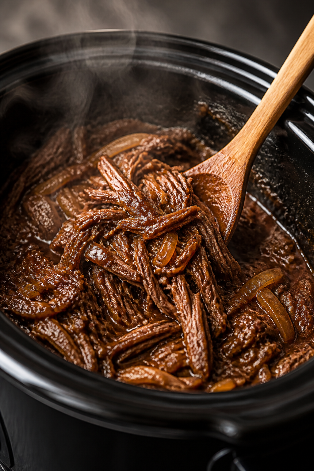 Cooking process close-up: Shredded BBQ beef being folded back into glossy sauce inside a slow cooker