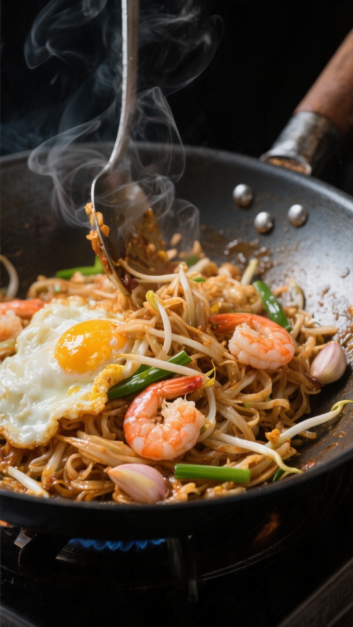 Cooking process close-up: Shrimp Pad Thai mid-stir in a seasoned carbon steel wok over high heat, gl