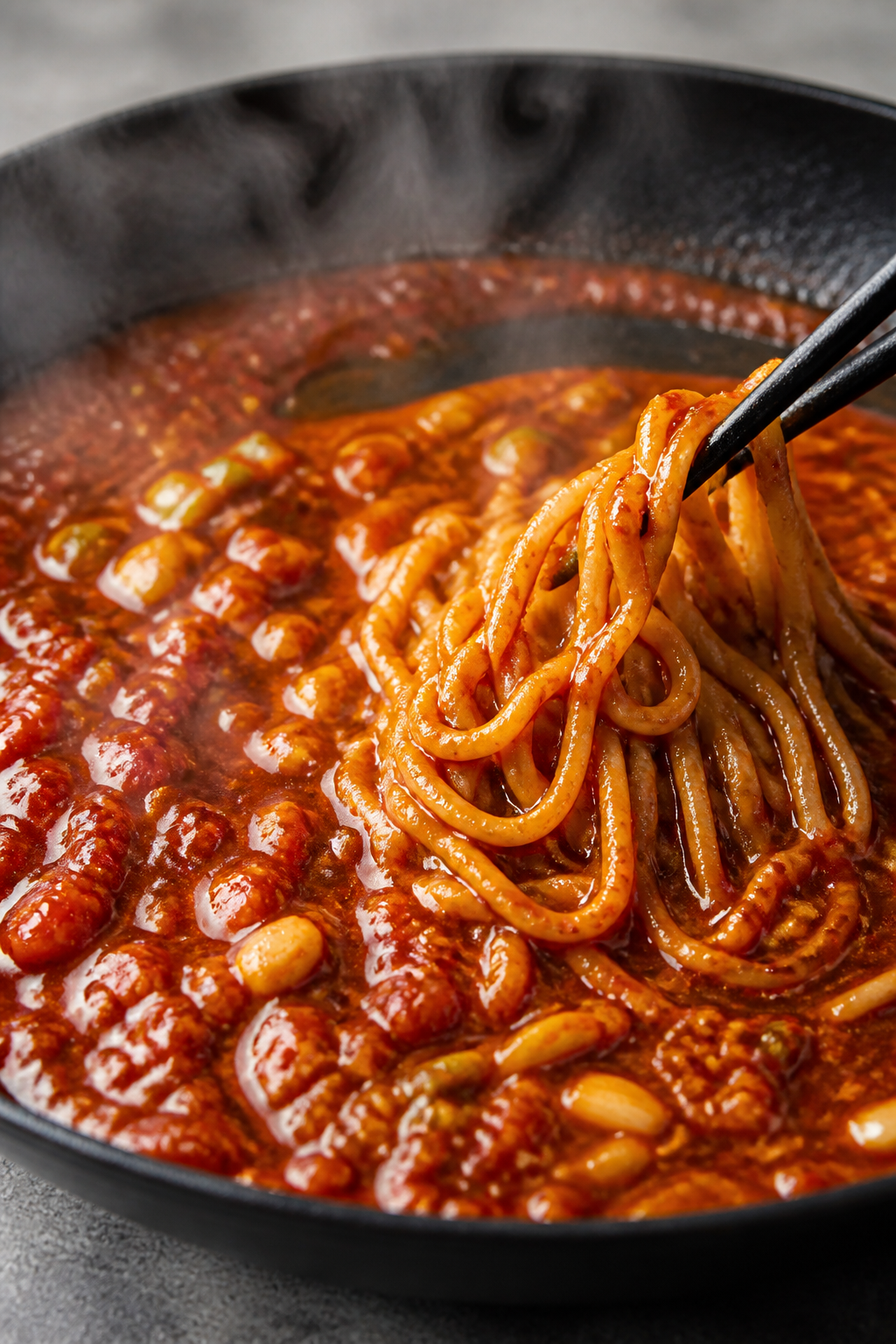 Cooking process, close-up: Silky gochujang sauce blooming in a buttered skillet with sautéed garlic