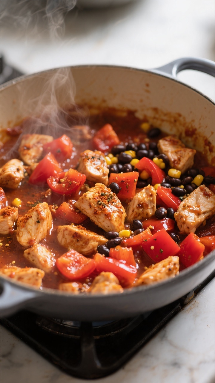 Cooking process, close-up: Sizzling bite-size chicken pieces and diced red bell pepper simmering in