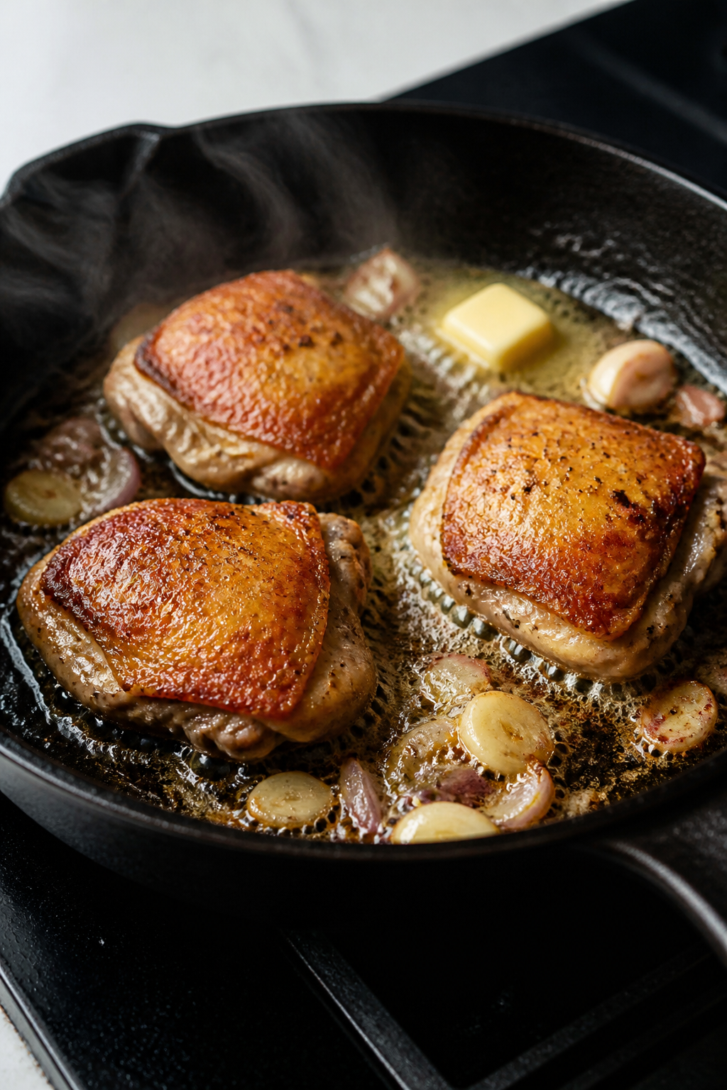 Cooking process close-up: Sizzling chicken thighs skin-side down in a cast-iron skillet, deeply gold