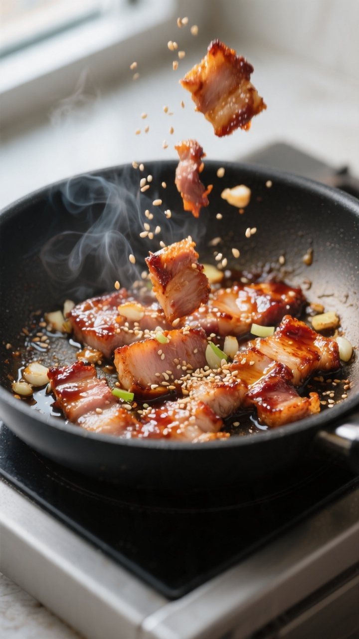 Cooking process close-up: Sizzling Korean BBQ pork in a hot skillet, edges deeply caramelized and gl