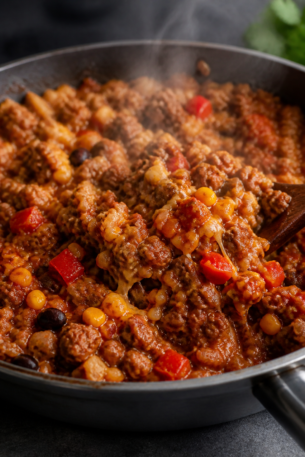 Cooking process close-up: Sizzling taco-seasoned ground beef with sautéed onions and red bell peppe