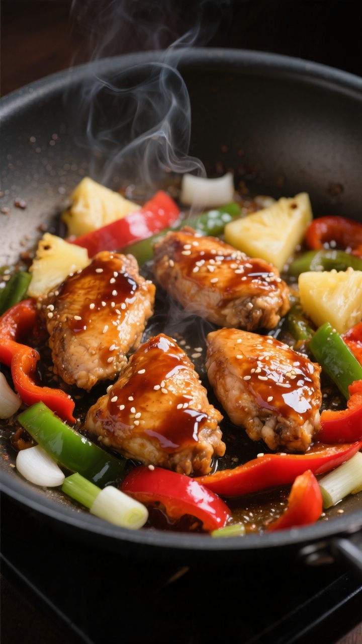 Cooking process, close-up: Sizzling teriyaki chicken thigh pieces and tender-crisp red and green bel