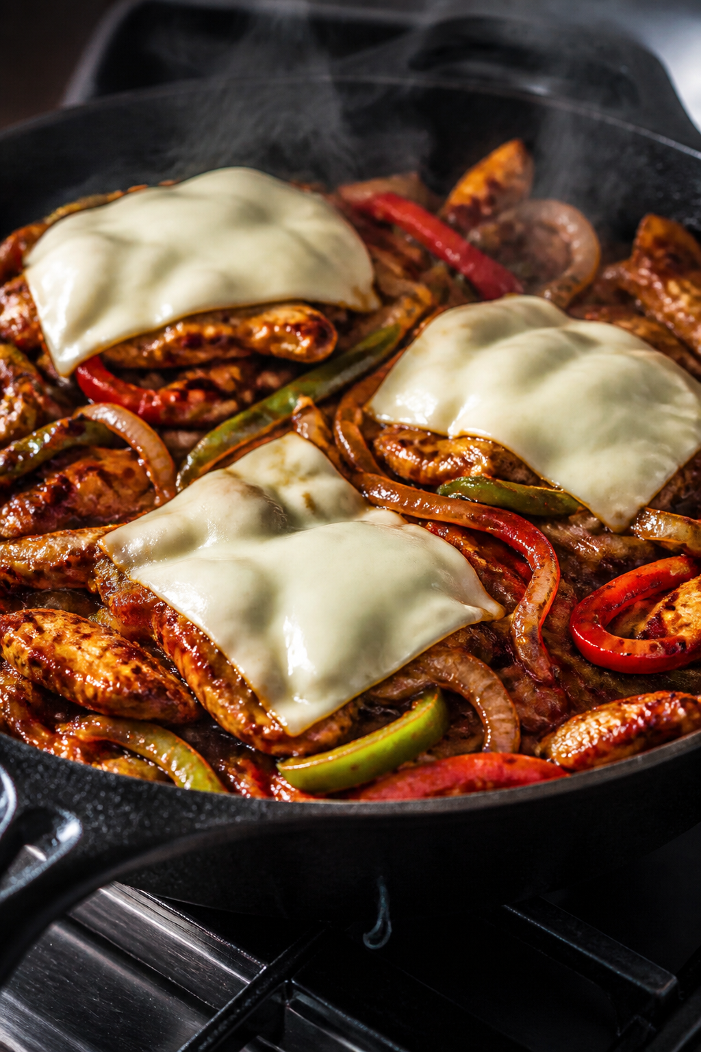 Cooking process close-up: Sizzling thin-sliced BBQ chicken, caramelized onions, and sautéed red and