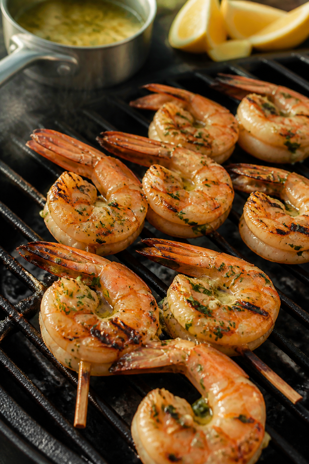Cooking process close-up: Skewered shrimp sizzling on a hot grill at medium-high heat, shrimp turnin