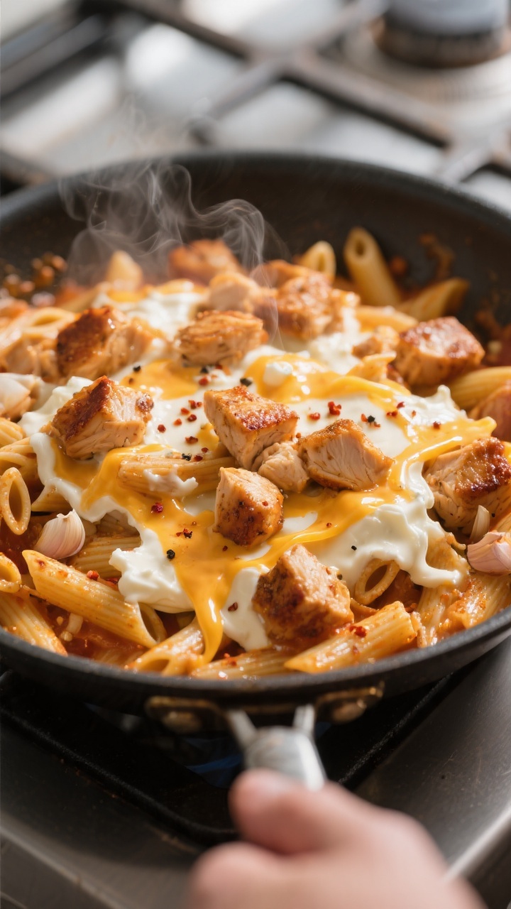 Cooking process close-up: Skillet scene of diced, browned chicken and al dente penne being folded in