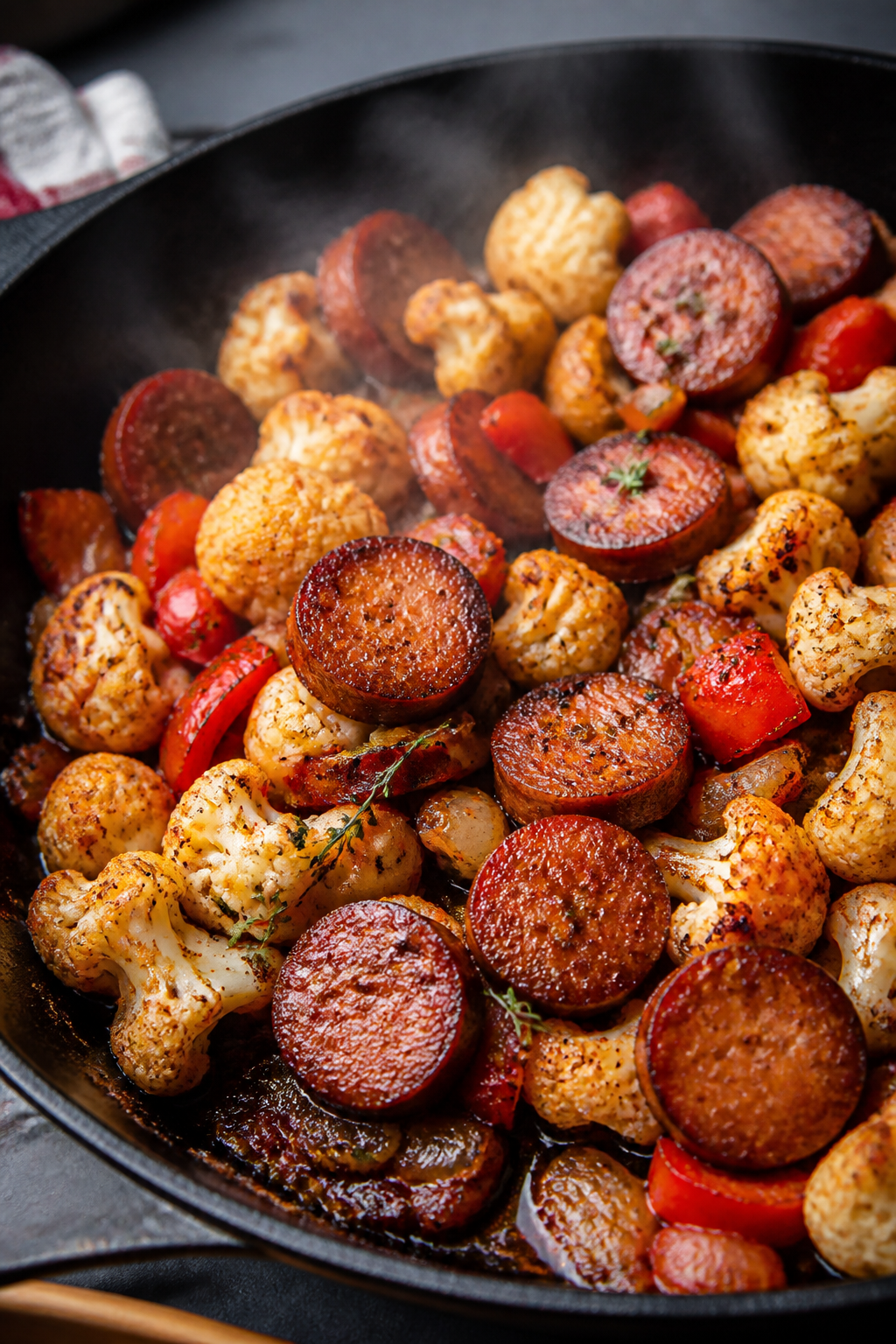 Cooking process close-up: Slices of browned andouille sausage sizzling in a large black skillet with