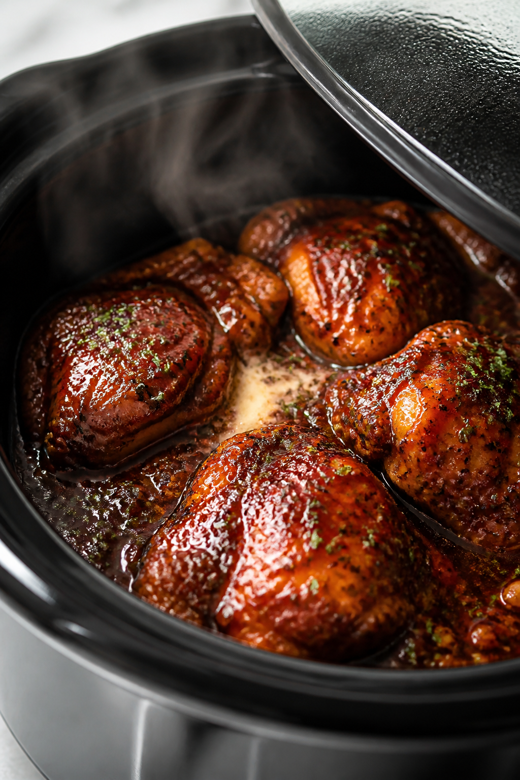 Cooking process close-up: Slow cooker filled with fully cooked BBQ chicken thighs nestled in a gloss