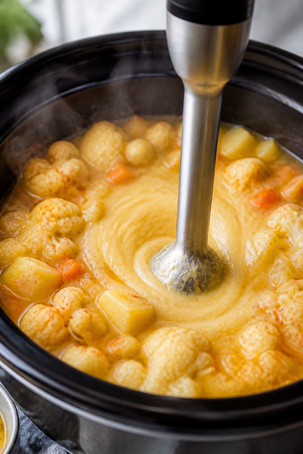 Cooking process close-up: Slow cooker filled with tender, fully cooked cauliflower florets and potat
