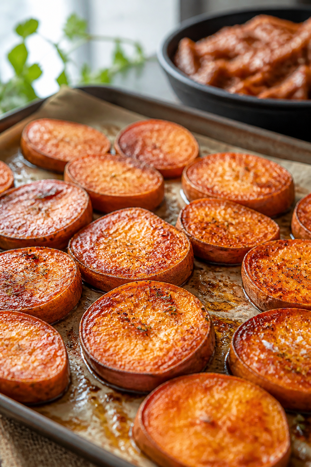 Cooking process close-up: Sweet potato rounds just out of the oven, crisped edges and tender centers