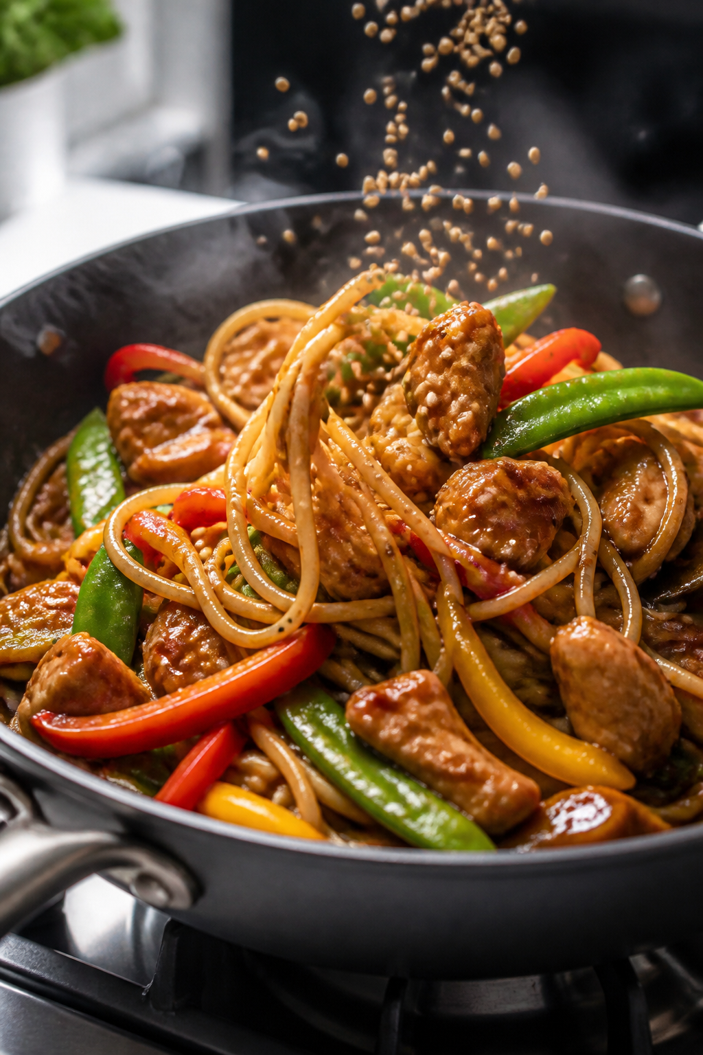 Cooking process close-up: Teriyaki-glazed chicken and spaghetti being tossed together in a large ski