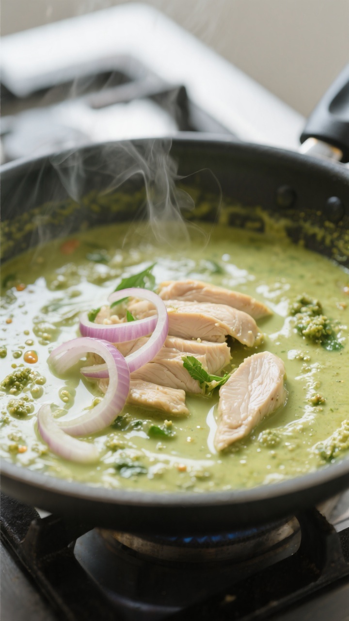 Cooking process close-up: Thai green curry base simmering in a wide skillet as the green curry paste