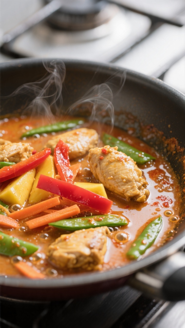 Cooking process close-up: Thai Mango Chicken Curry simmering in a wide stainless skillet, glossy coc