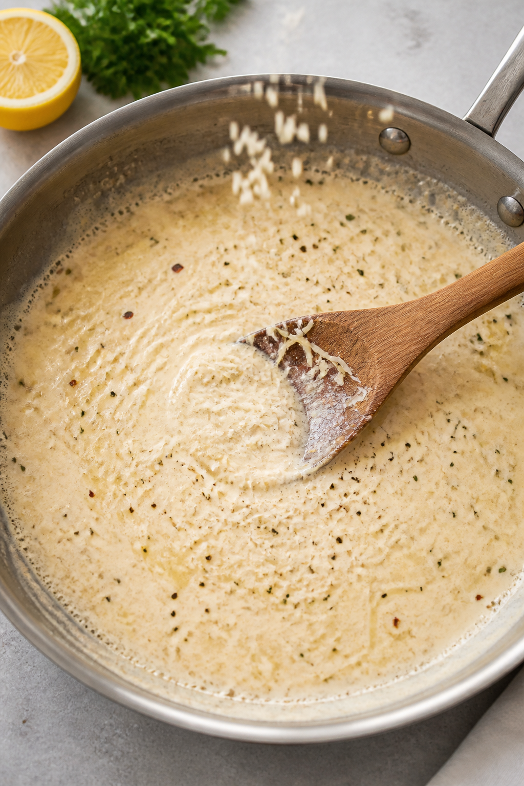 Cooking process: Creamy Parmesan garlic sauce being built in the same skillet—silky cream swirling