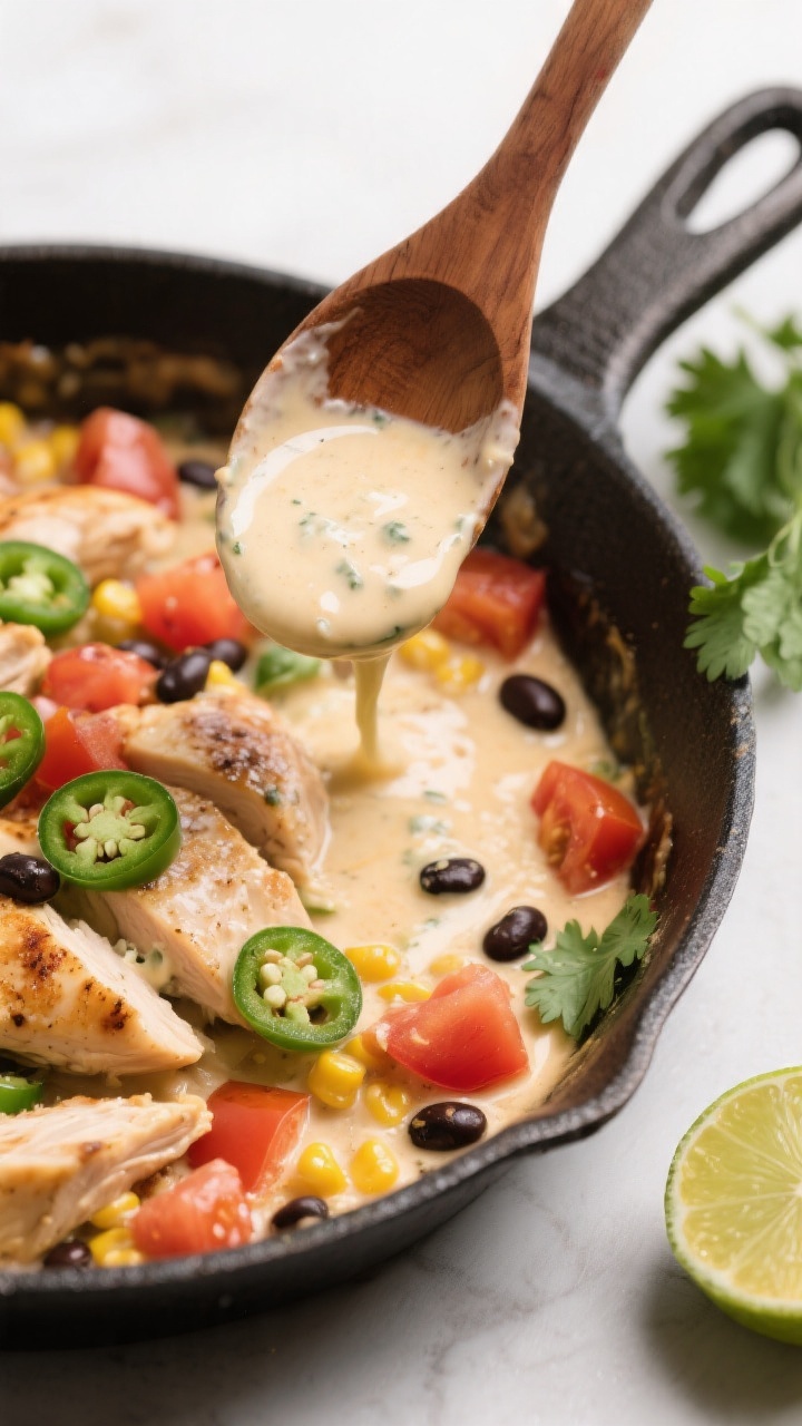 Cooking process: Creamy Southwest sauce in the skillet mid-simmer—diced tomatoes with green chilie