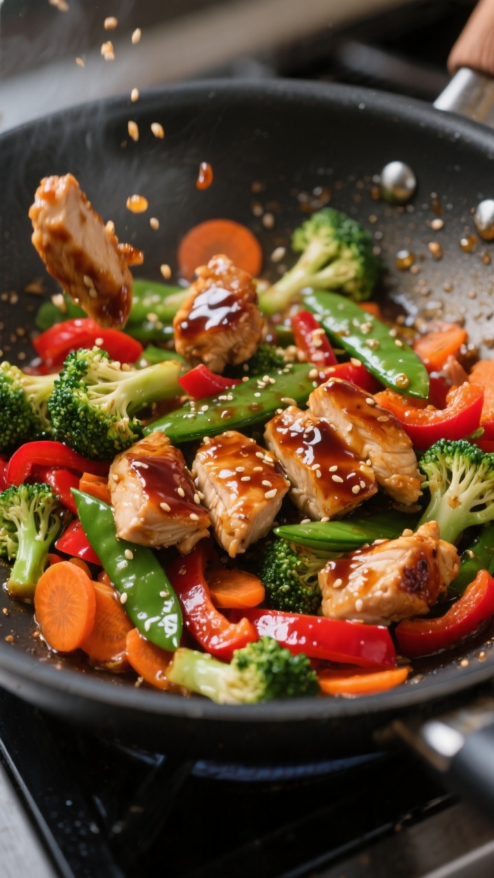 Cooking process: Crisp-tender vegetable medley being stir-fried just after the slurry is added—bro