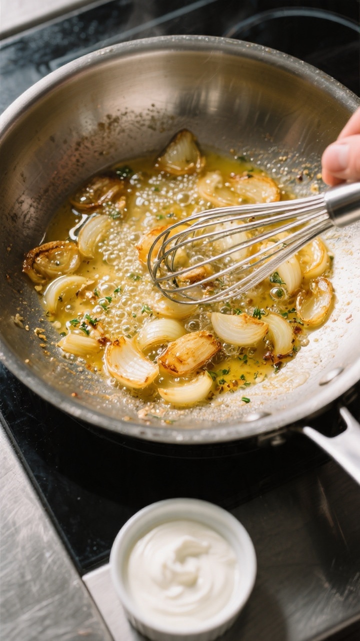 Cooking process: Deglazing and sauce-building stage in a large sauté pan—golden sautéed shallots