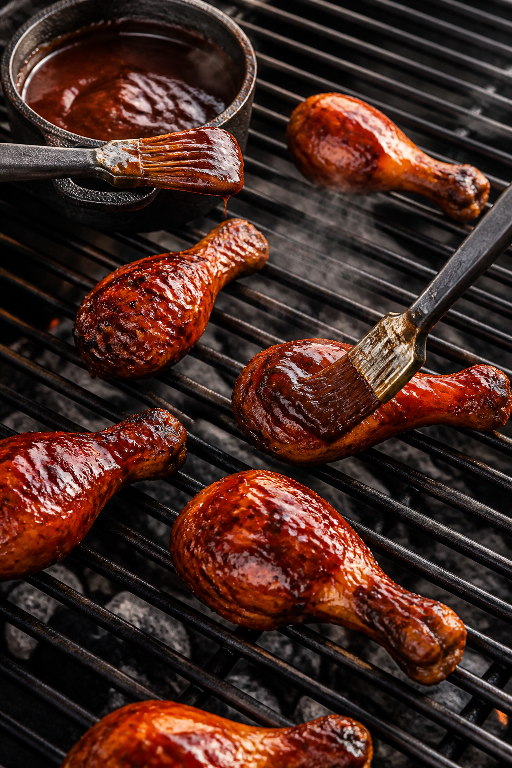 Cooking process: Drumsticks on a medium-heat grill (375–400°F) being brushed with the brown sugar
