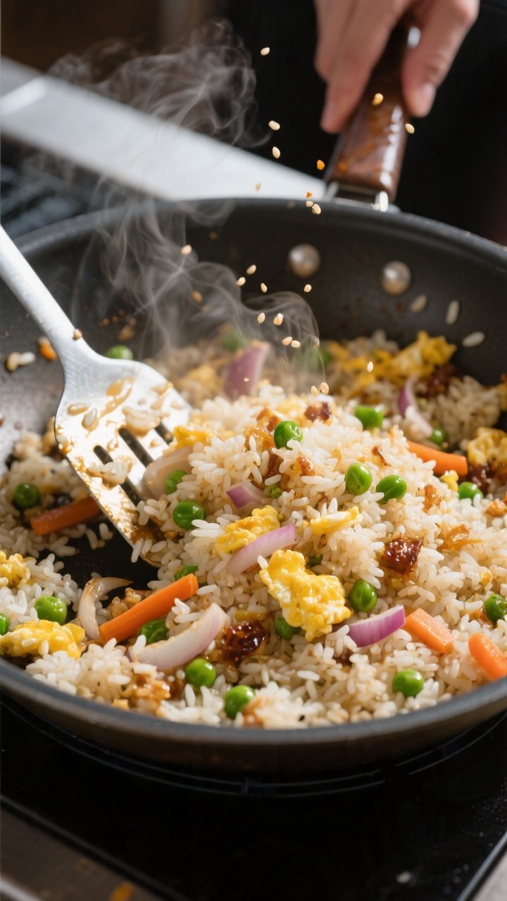 Cooking process: Fried rice being tossed in a wide skillet, cold jasmine rice grains separated and l