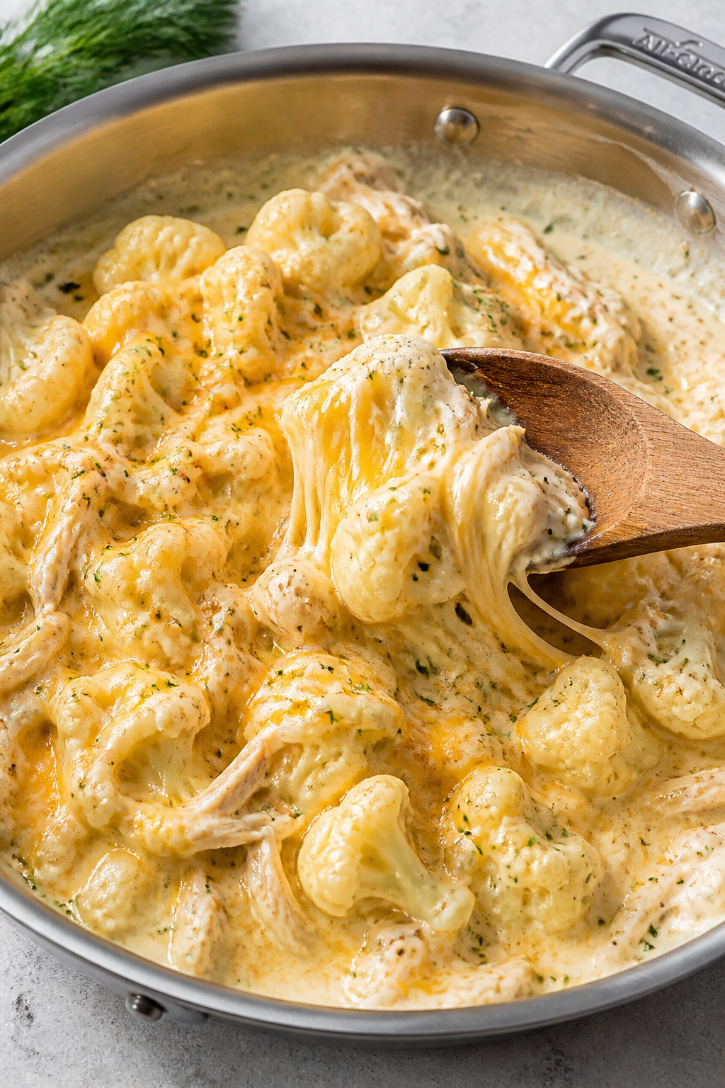 Cooking process: Gently folding par-cooked, steam-dried cauliflower florets into a silky ranch-garli