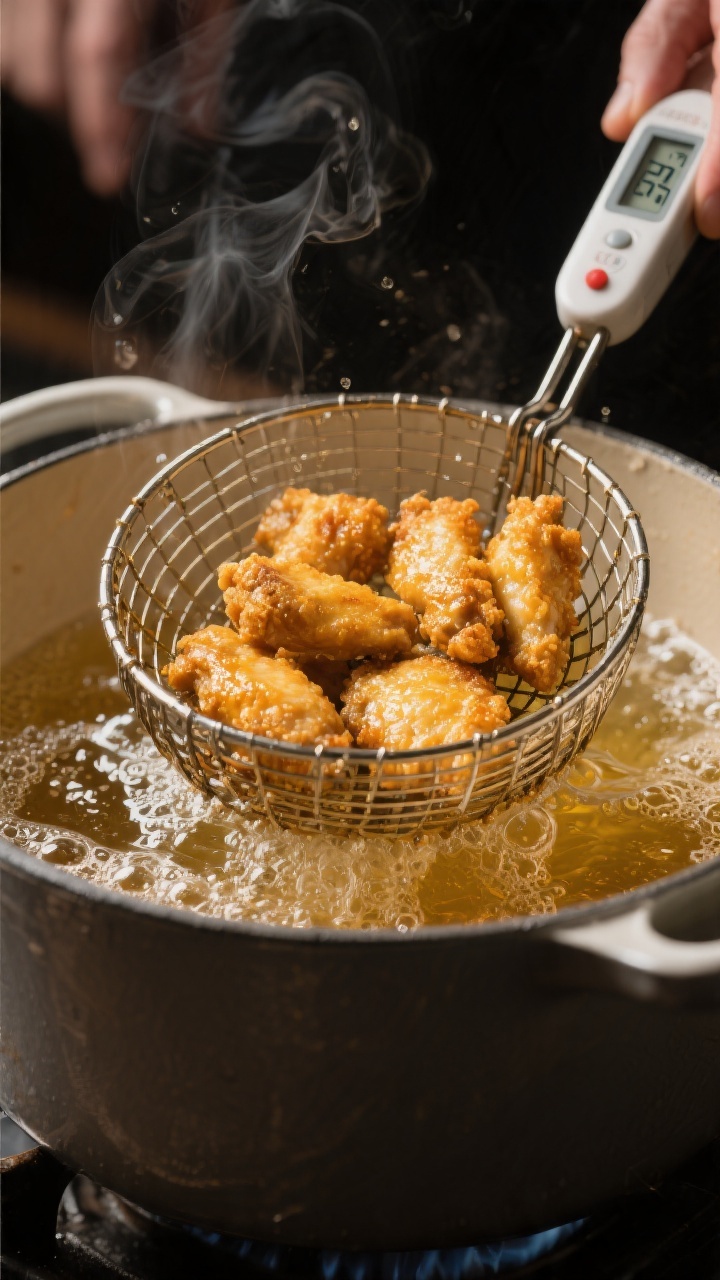 Cooking process: Golden chicken bites in a wire spider skimmer emerging from 375°F oil during the s