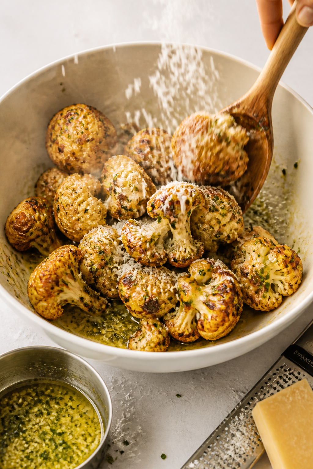 Cooking process: Hot cauliflower wings in a large bowl just after baking, being gently tossed in glo