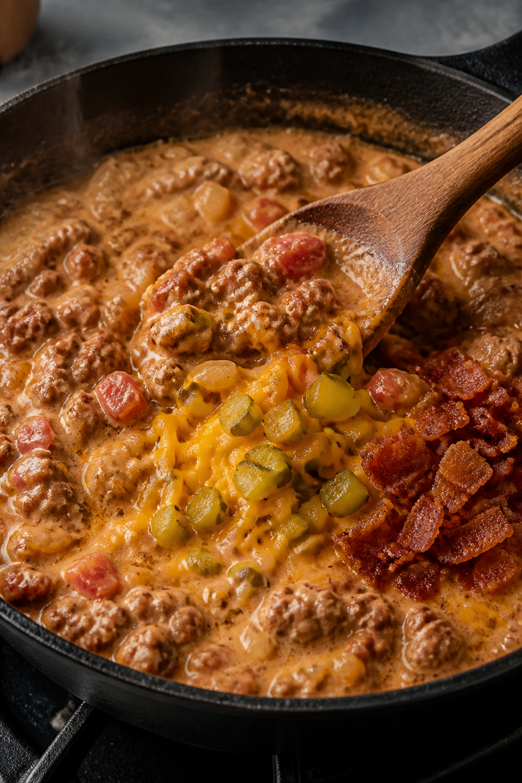 Cooking process: In-skillet scene of the creamy meat sauce stage—browned beef simmering with diced