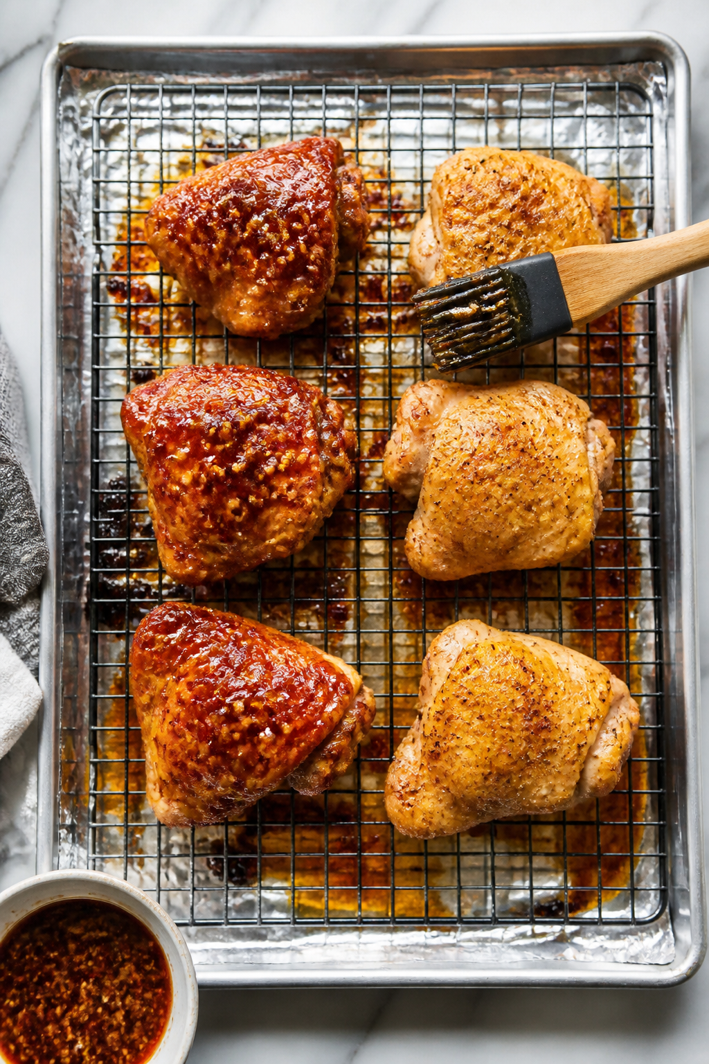 Cooking process: Mid-roast overhead shot of bone-in, skin-on chicken thighs on a wire rack over a fo