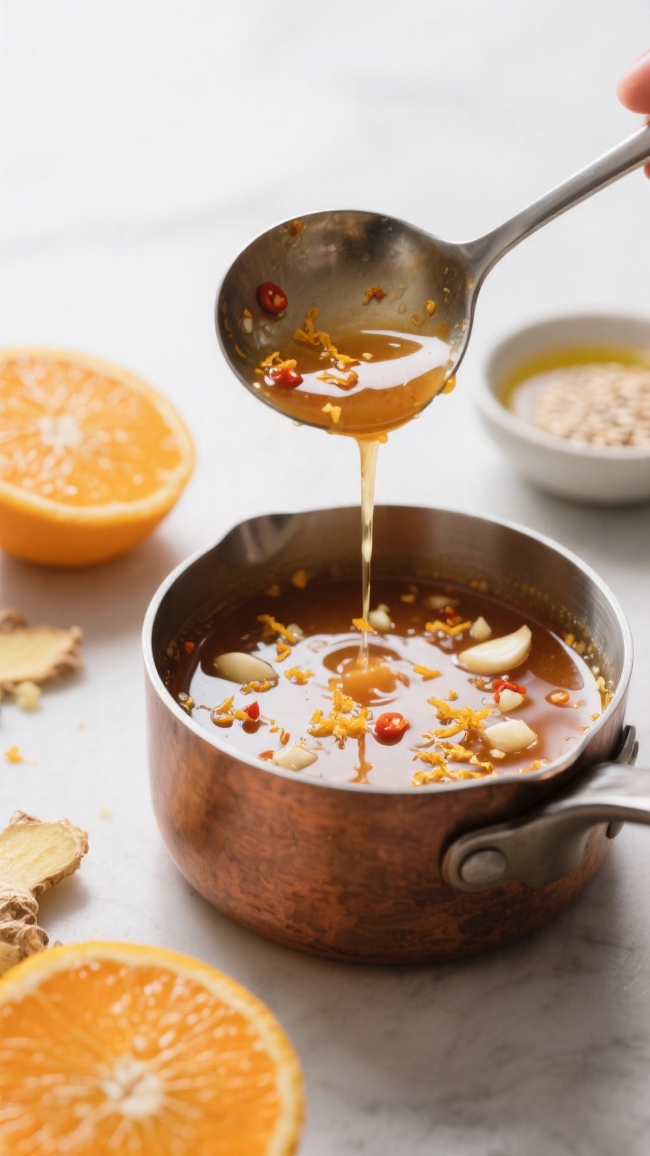 Cooking process: Orange sauce in a small saucepan mid-simmer, glossy and slightly thick as the corns