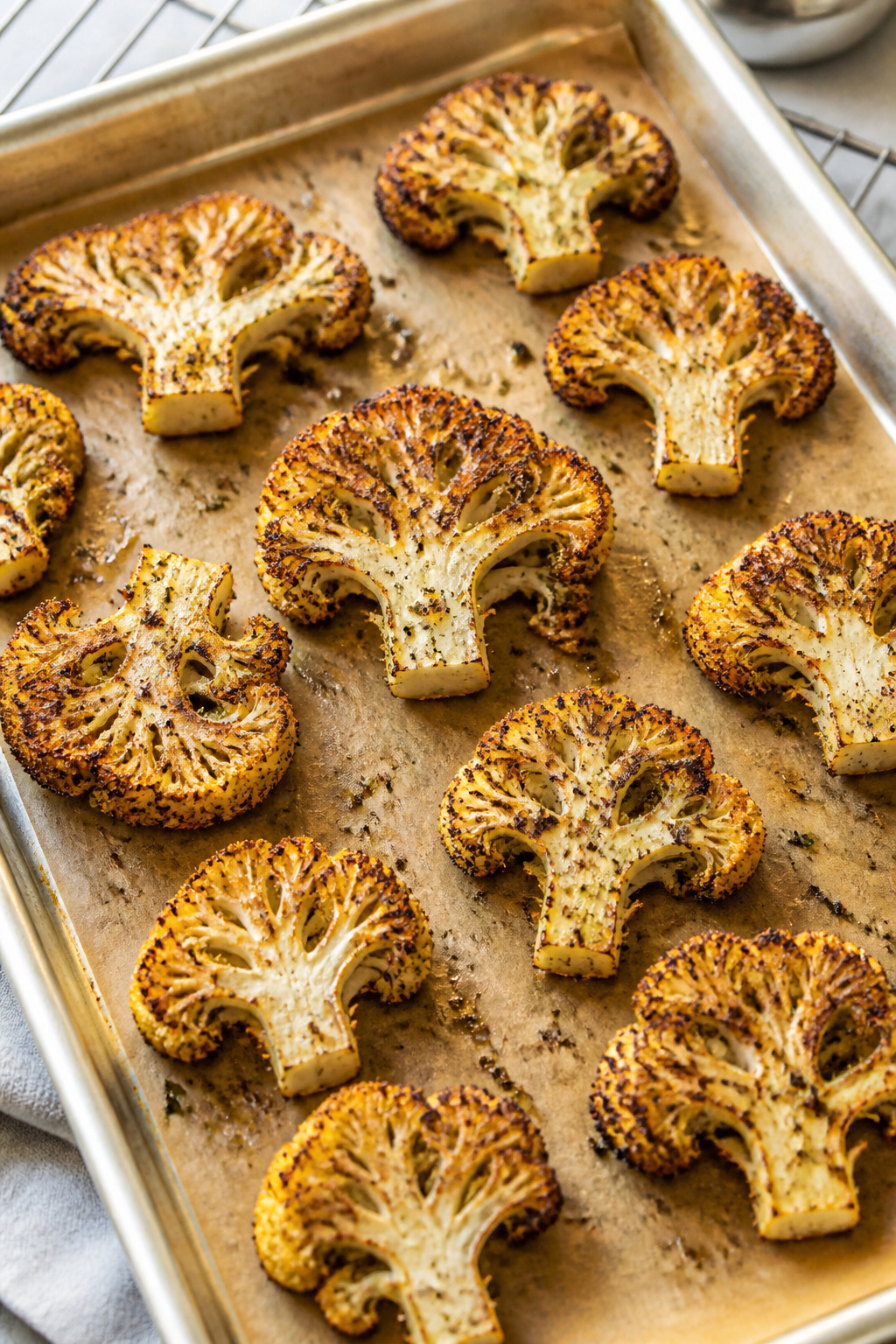 Cooking process: Oven-baked batch mid-cook on a parchment-lined sheet pan at 425°F, evenly spaced f