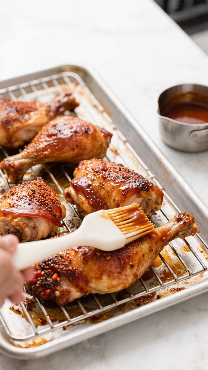 Cooking process: Oven-finished healthy BBQ chicken on a rimmed sheet pan with rack, thighs and breas