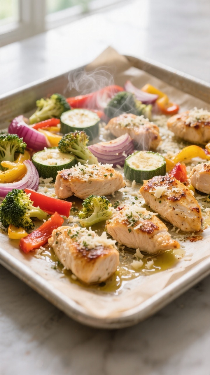 Cooking process, oven-roast action: Sheet pan of roasted garlic Parmesan chicken bites and colorful 