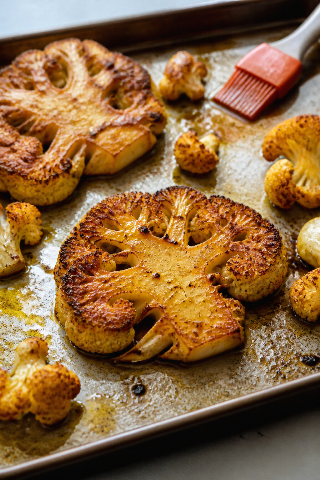 Cooking process, oven-roast action: Thick 1–1½-inch cauliflower steaks mid-roast on a preheated, 