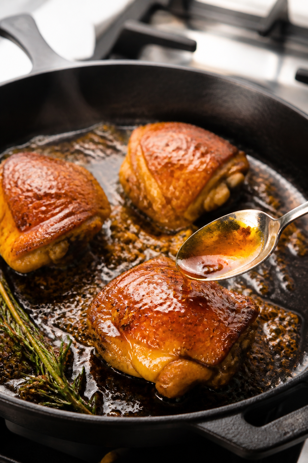 Cooking process: Over-the-shoulder, three-quarter view of seared chicken thighs in a black cast-iron