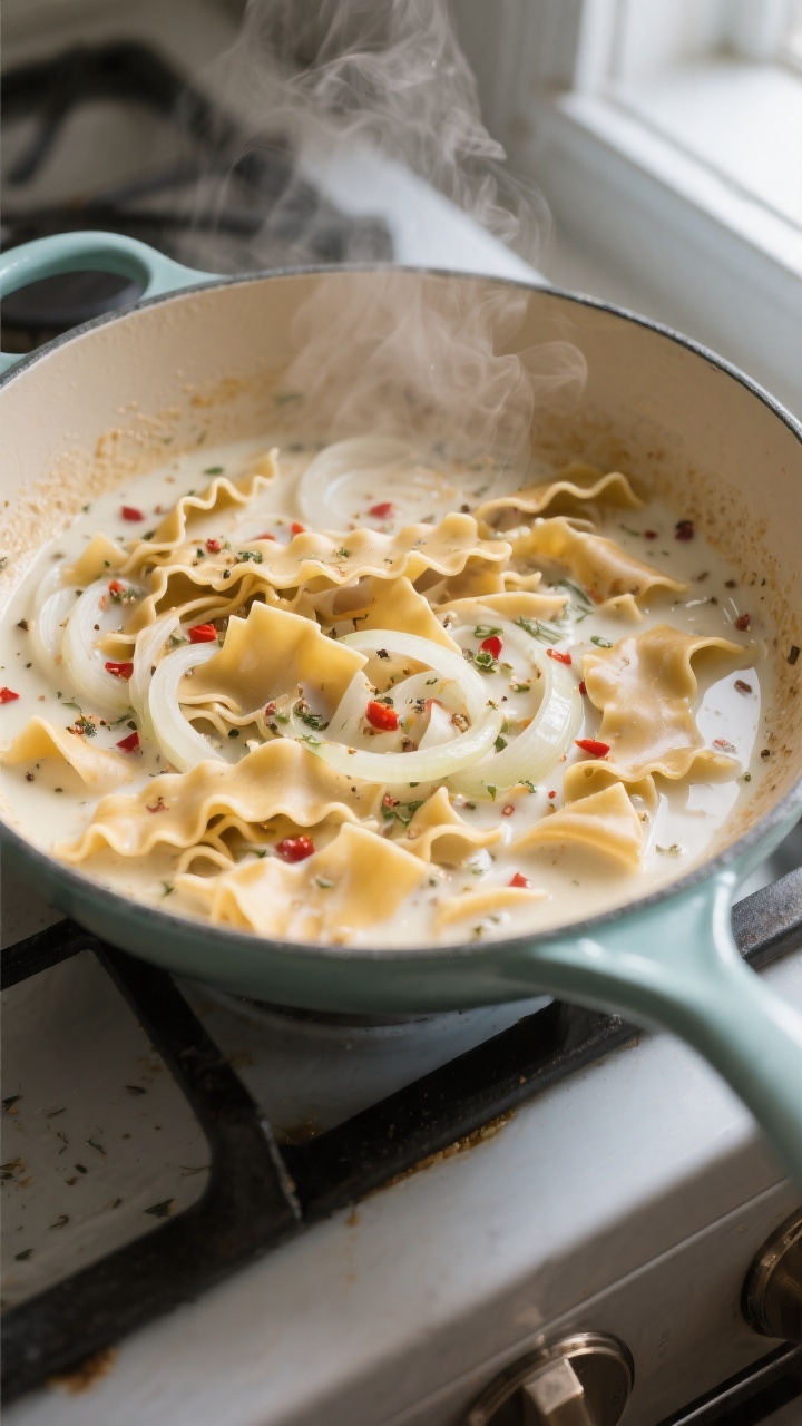 Cooking process, overhead: A large, deep 12-inch enameled skillet at a lively simmer with broken who